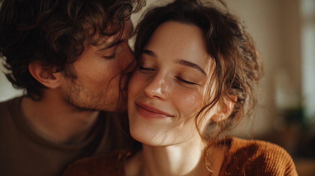 A sweet close-up moment as one partner kisses the other’s cheek, showing warmth, affection, and new love