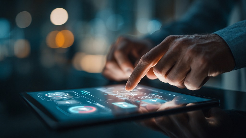 Close-up of hands interacting with a digital workflow interface on a tablet in a modern office environment