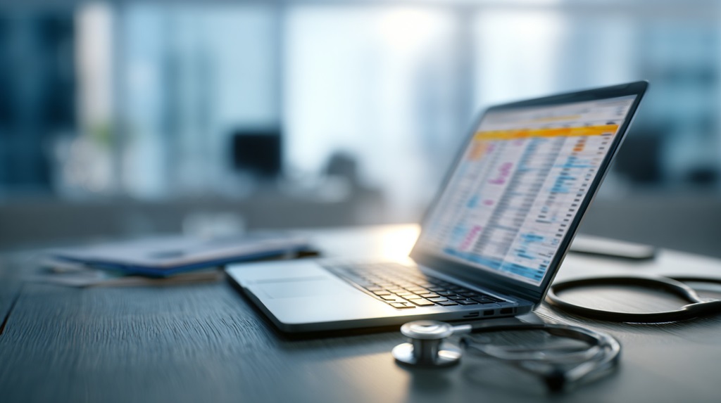 Open laptop on a medical desk with blurred clinical data on screen