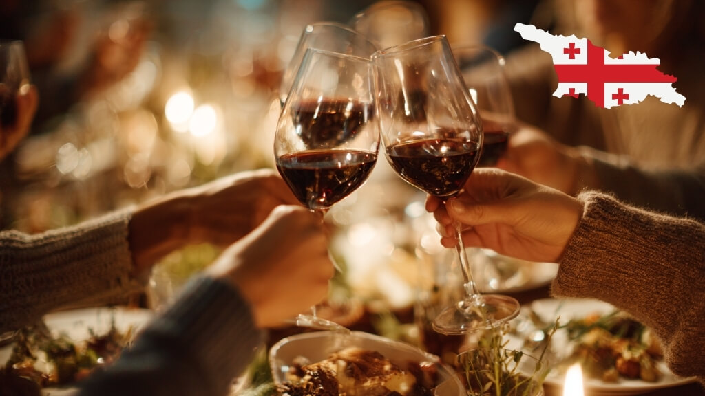 Red wine glasses raised during a traditional Georgian dinner gathering