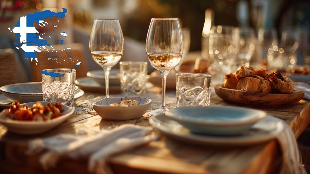 Wine glasses and shared dishes on a Greek dining table during a traditional evening meal