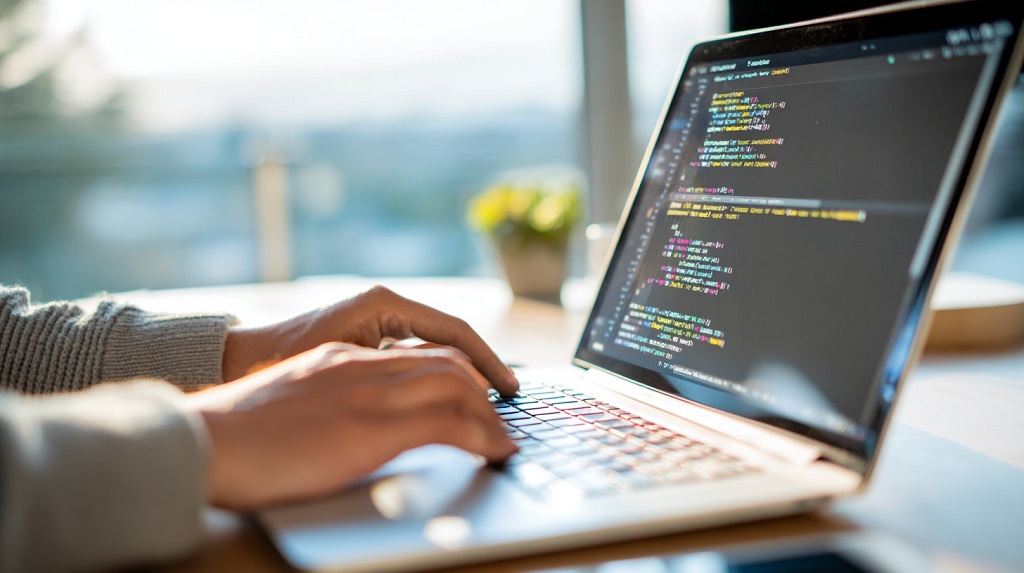 Person coding on a laptop in natural daylight with programming scripts visible on the screen