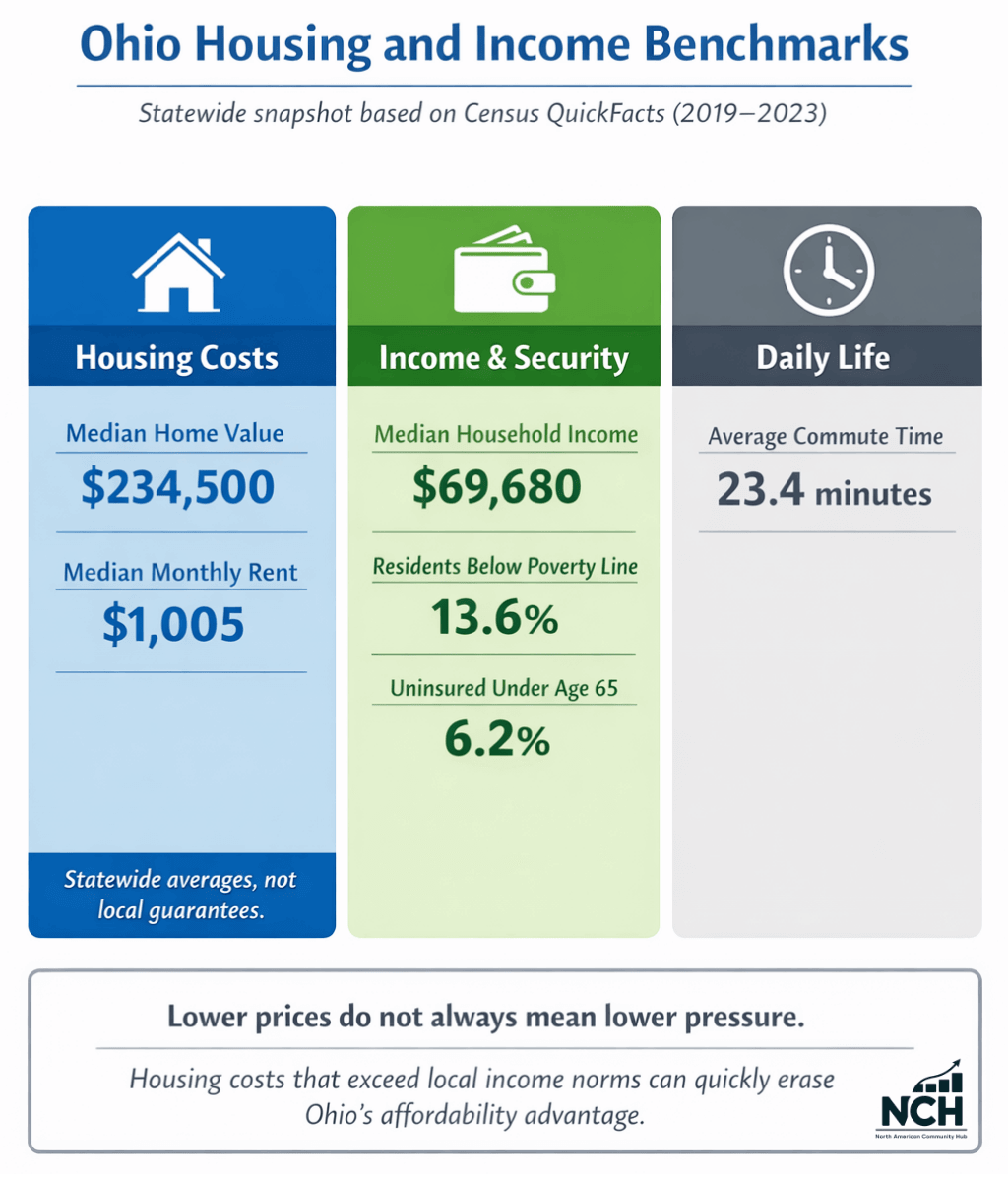 Infographic showing Ohio housing costs, household income, poverty rate, insurance coverage, and average commute time