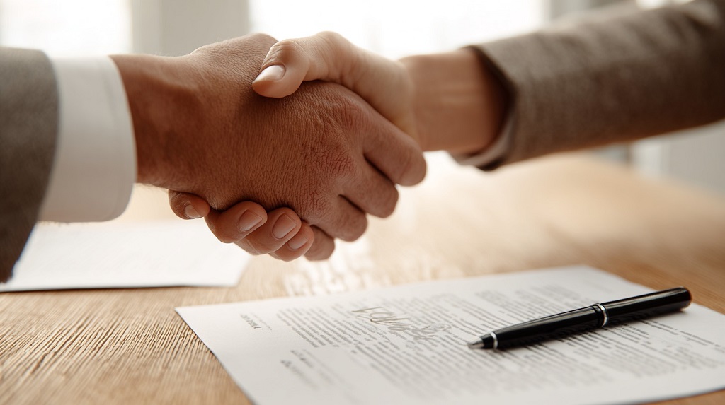 Two people shaking hands over a signed business contract, symbolizing partnership deals and small-business equity income
