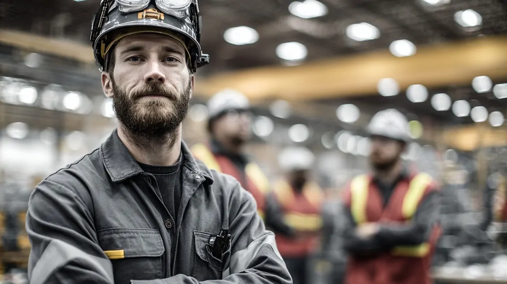 A factory worker wearing protective gear stands in a manufacturing facility, symbolizing how tariffs affect industrial jobs and production