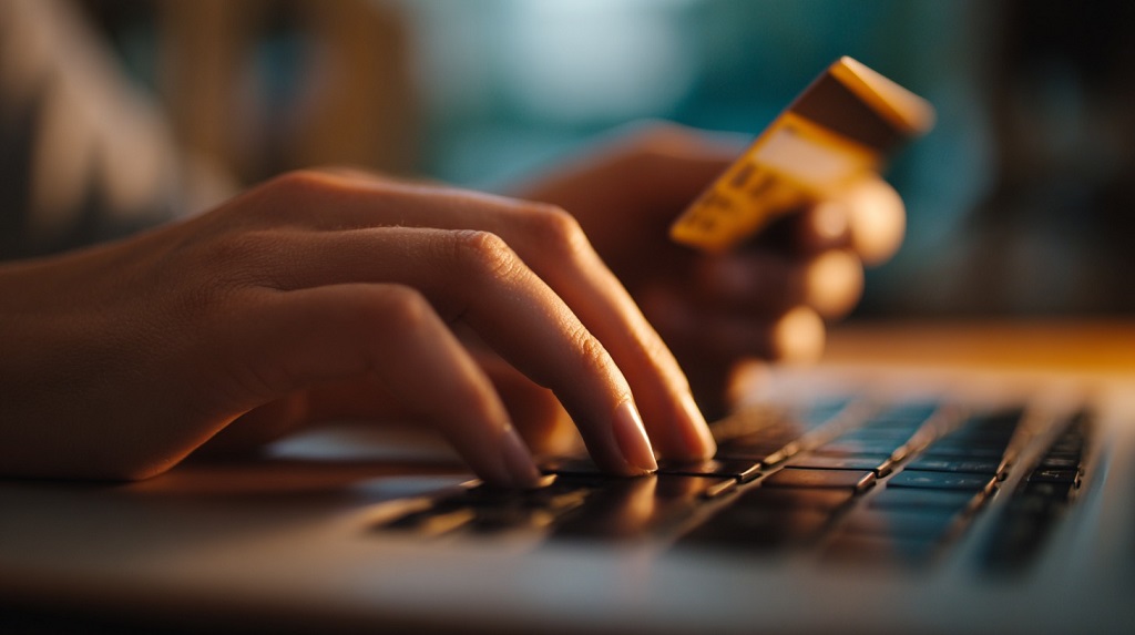 A close-up of hands typing on a laptop keyboard while holding a credit card, symbolizing online payments or digital transactions