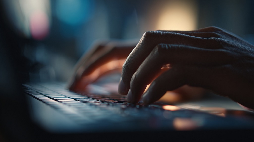 A close-up of hands typing on a laptop in a dimly lit environment, representing online activity or cybersecurity concerns