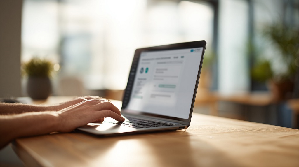 Hands typing on a laptop in a bright workspace with a software dashboard open on the screen