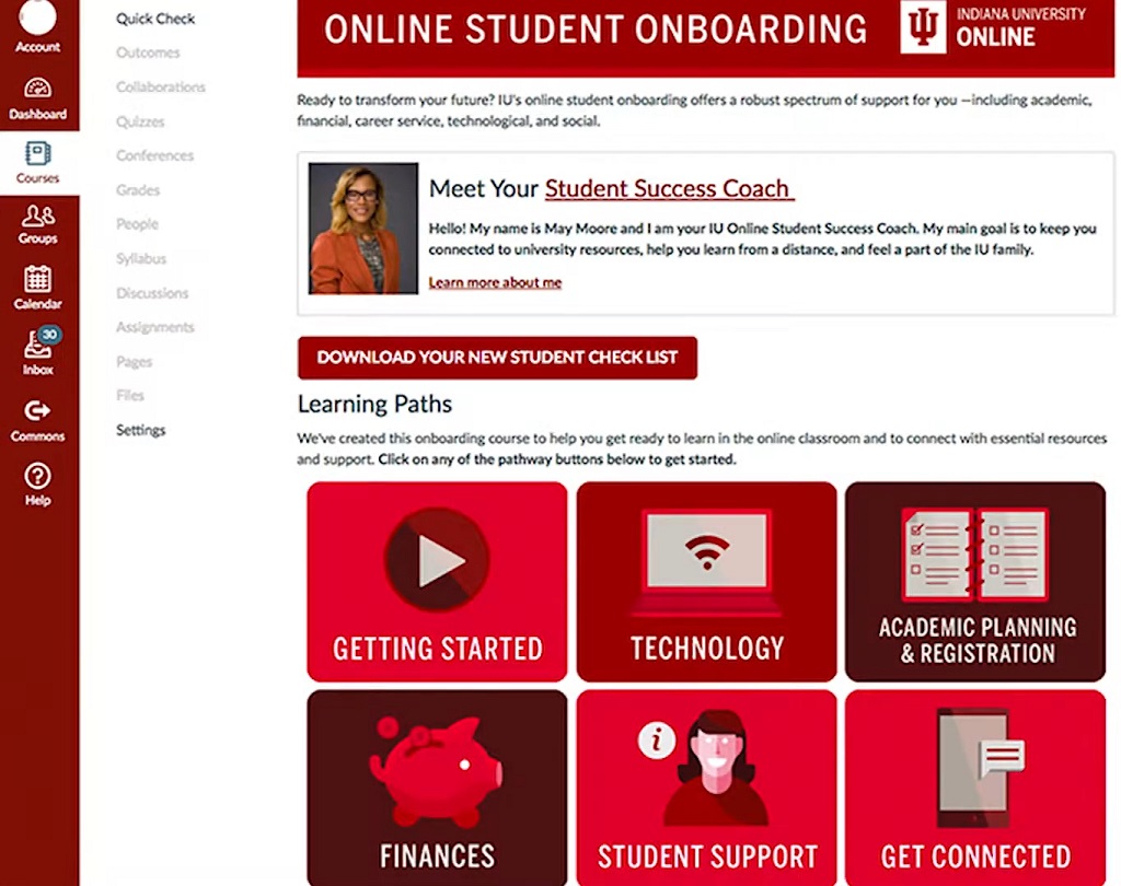 IU Online student onboarding screen with course resources
