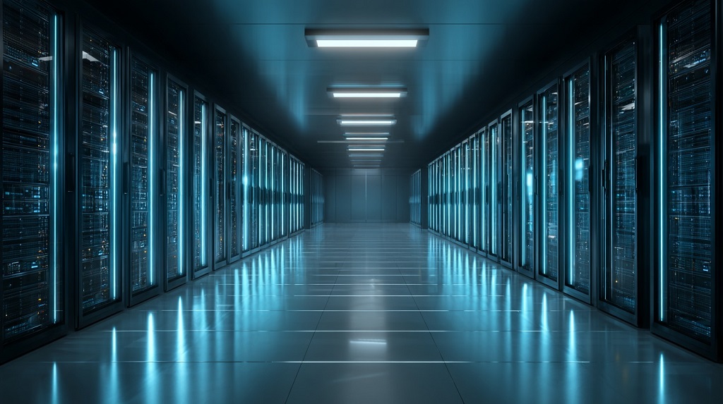 Modern data center corridor with illuminated server racks and reflective flooring, showcasing enterprise cloud infrastructure
