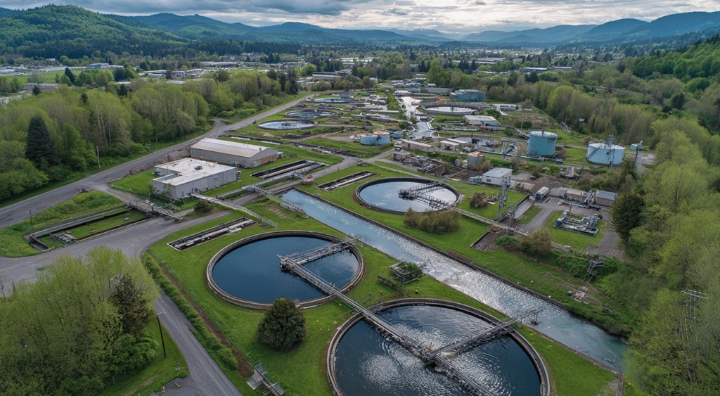 Aerial view of a municipal wastewater treatment facility serving a surrounding region, highlighting how centralized sewer infrastructure is unevenly distributed across geographic areas