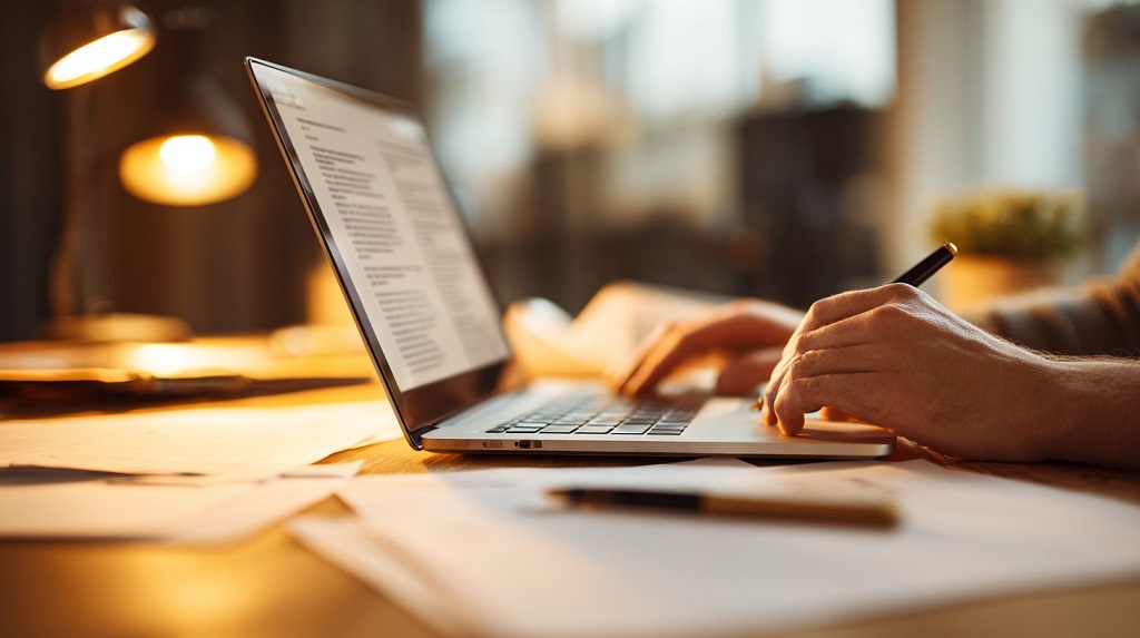 Hands typing on a laptop in a warm-lit workspace with documents spread out on the desk