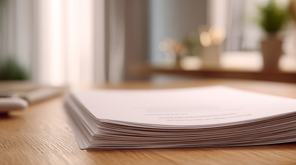 Stack of documents on a wooden desk in soft light