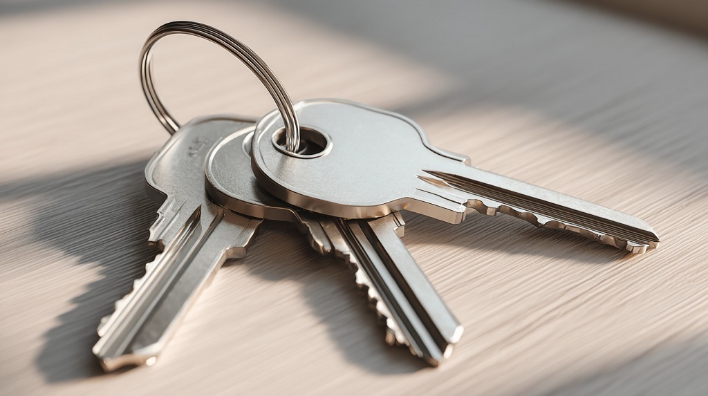 Close-up of metal house keys on a table