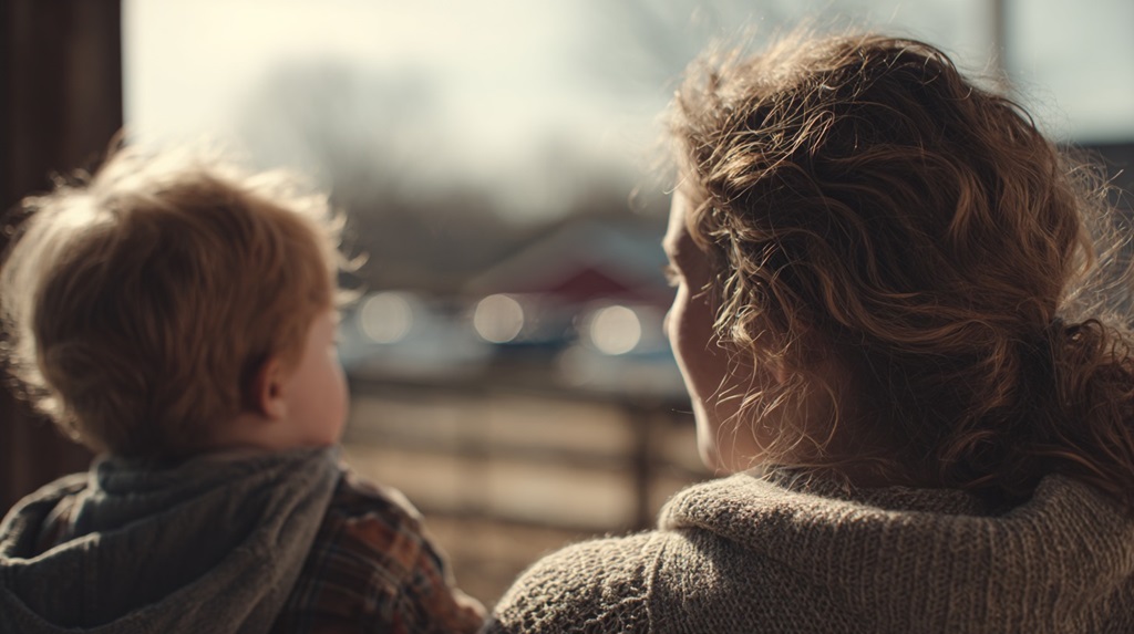 Parent holding a child while looking across a quiet rural community, highlighting family stability in smaller population states