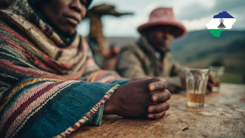 Traditional homemade alcoholic drink served in small glasses during an outdoor gathering in Lesotho