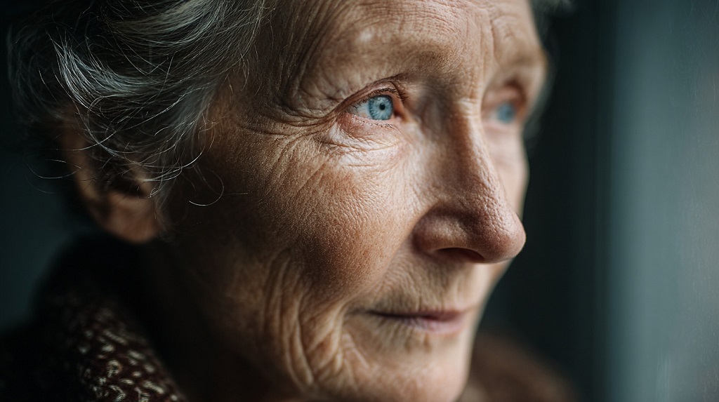 Close-up of an older woman looking out a window, symbolizing the challenges affecting life expectancy in Alabama