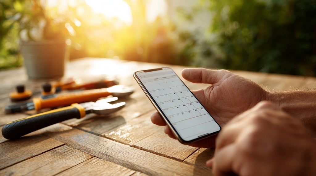 Person holding a smartphone with a calendar app open while tools lie on a wooden table outdoors