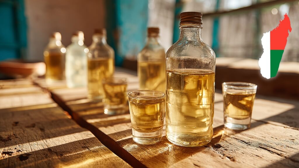 Bottles and glasses of locally produced sugarcane alcohol displayed on a wooden table in Madagascar