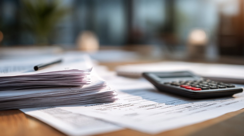 Pile of printed documents with a calculator and pen on a desk, symbolizing calculation of medical costs