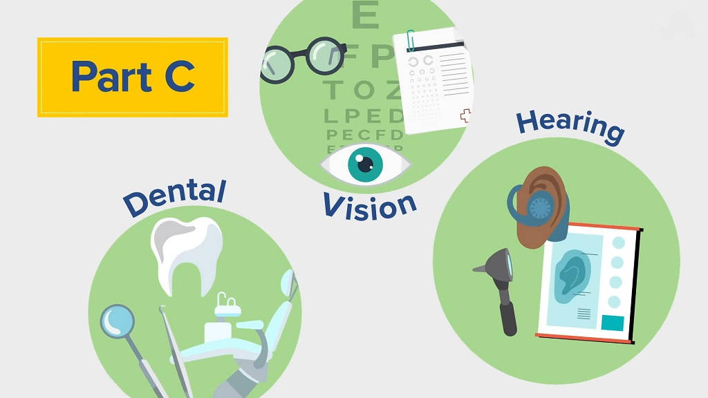 Illustration representing Medicare Advantage benefits, highlighting additional coverage such as dental care, vision exams, and hearing services bundled into a private insurance plan.