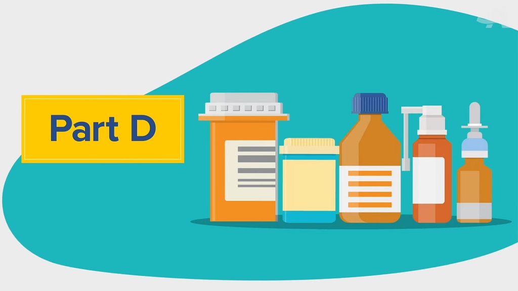 Illustration of prescription medication containers representing Medicare Part D coverage for retail and mail-order prescription drugs.