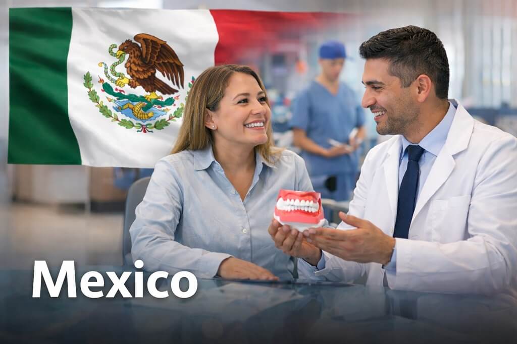 Mexican doctor explaining a dental treatment plan to a smiling female patient with the Mexico flag behind them
