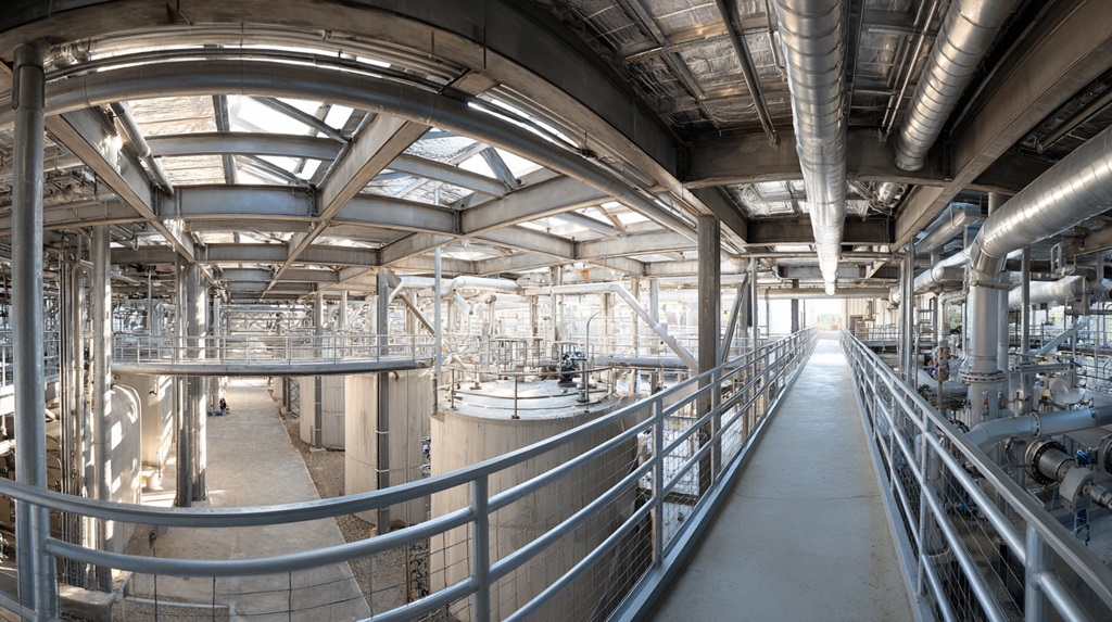 Interior view of a wastewater treatment facility with interconnected tanks and piping, illustrating how centralized sewer systems enable consistent flow and data modeling for public health analysis