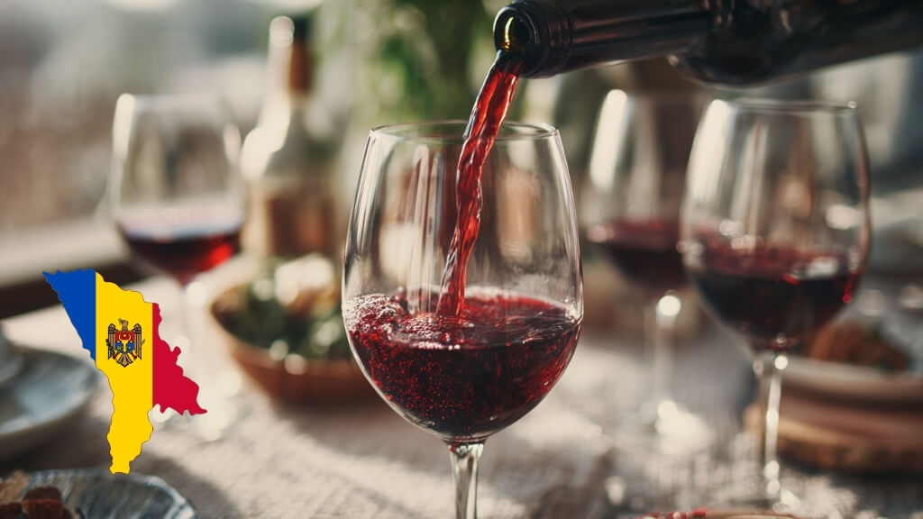 Red wine being poured into a glass during a traditional Moldovan meal