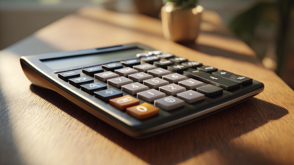 Close-up of a calculator on a wooden desk