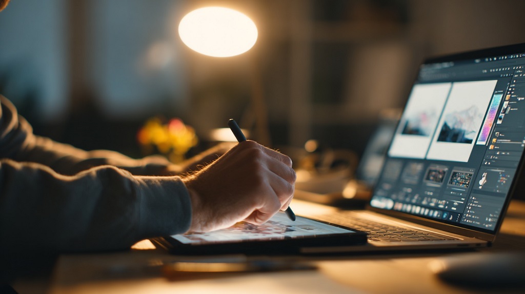 Person working on digital designs using a stylus and tablet next to a laptop with graphic software