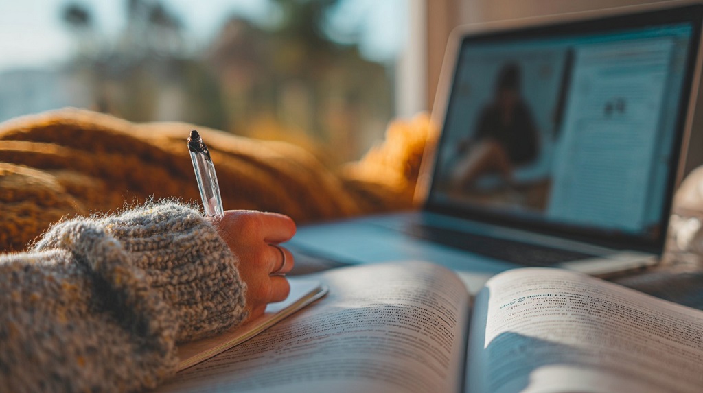 Hand holding a pen over an open book with a laptop showing an online class in the background