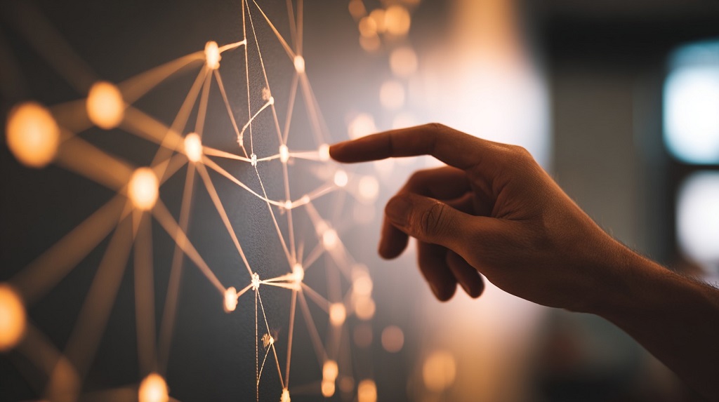 Hand pointing at an illuminated network diagram representing interconnected AI workflows and orchestration systems