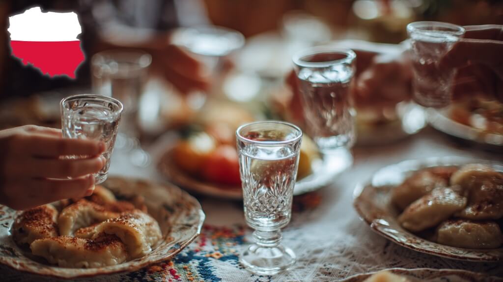 Vodka glasses on a table during a traditional Polish meal
