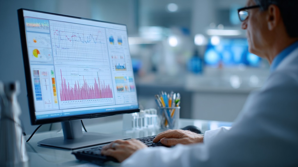 Clinician reviewing digital medical charts and health trend graphs on a large monitor