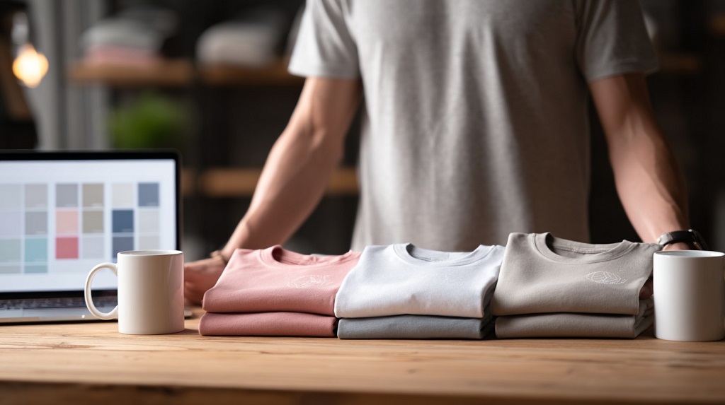 Folded custom t-shirts displayed on a table with a laptop showing color palettes in the background
