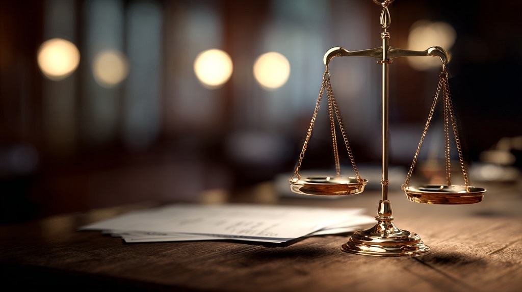 justice scales on a courtroom desk with blurred legal documents in the background