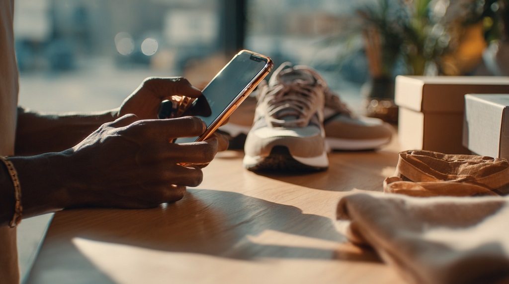 Person using a smartphone at a table with shoes and packaging materials in the background