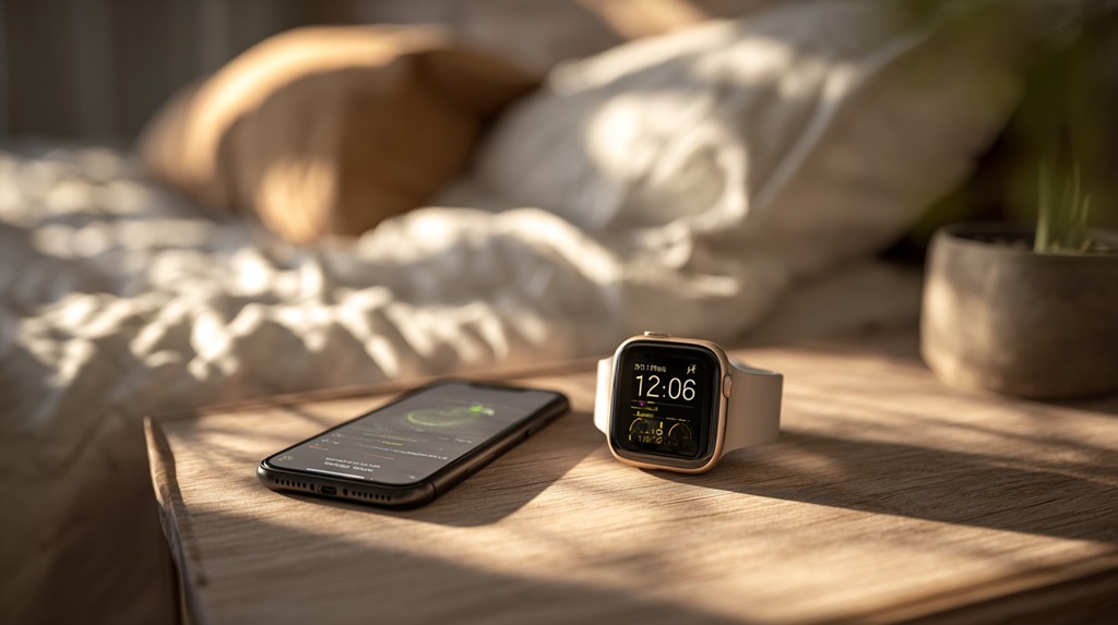 Smartwatch and smartphone on a bedside table displaying health-tracking data