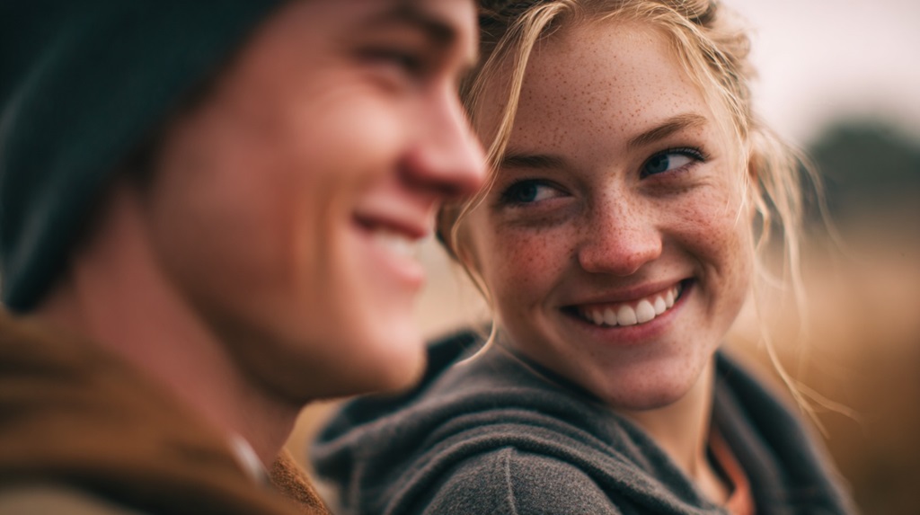 Close-up of a young couple smiling at each other, representing youthful communities that contribute to higher birth rates