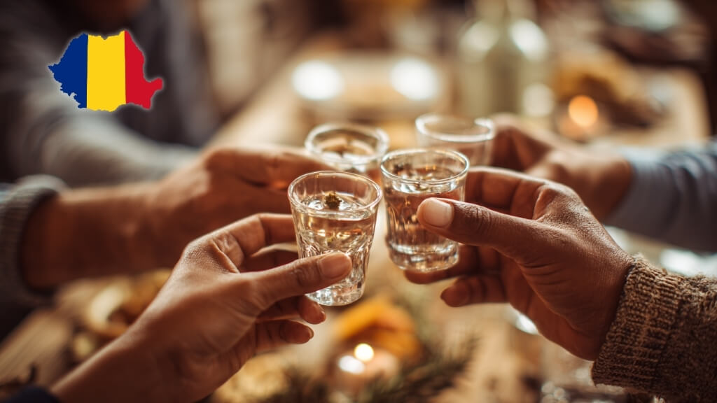 Shot glasses with traditional plum brandy served at a Romanian family gathering