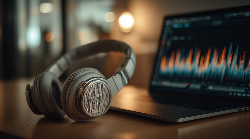 Over-ear headphones beside a laptop with audio analytics, illustrating how music royalties contribute to income