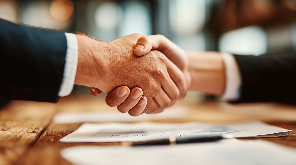 Close-up handshake between two professionals over legal paperwork, representing settlement agreement