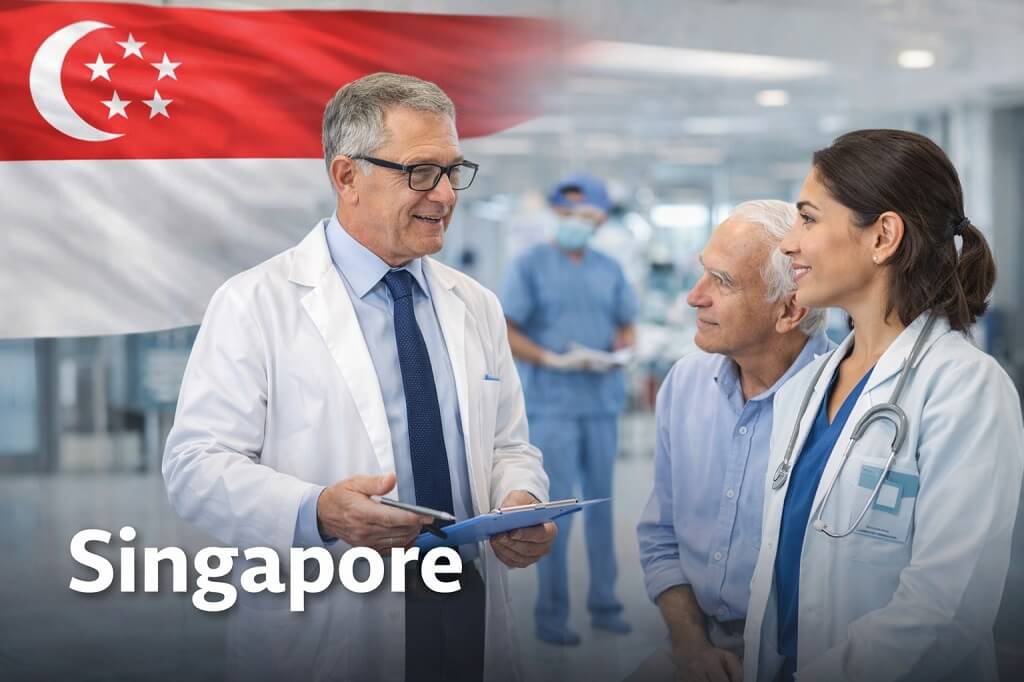 Senior doctor in Singapore discussing treatment options with an international patient in a modern hospital environment