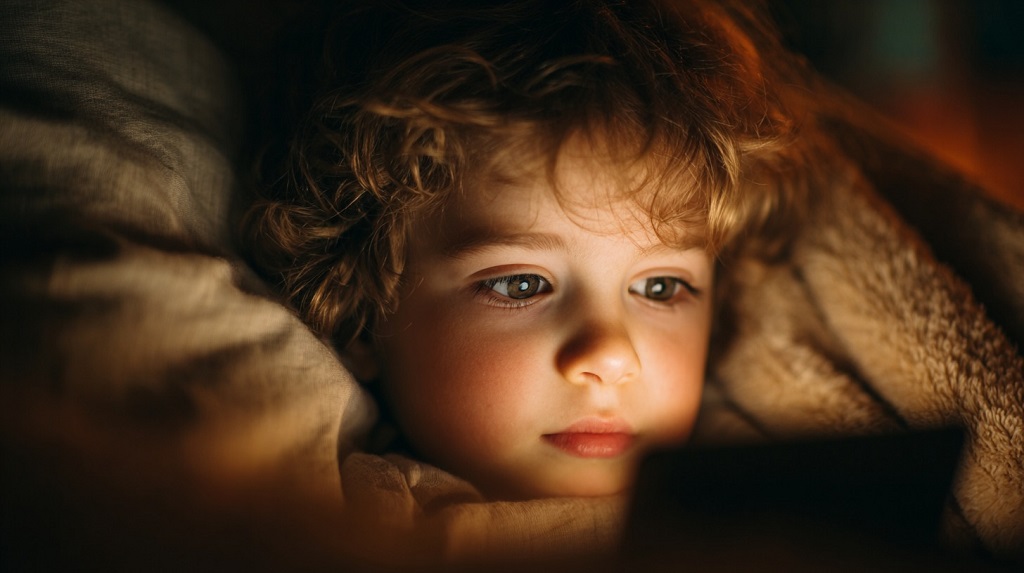 A young child lying under a blanket, illuminated by the soft glow of a screen while looking at a device in a dimly lit room