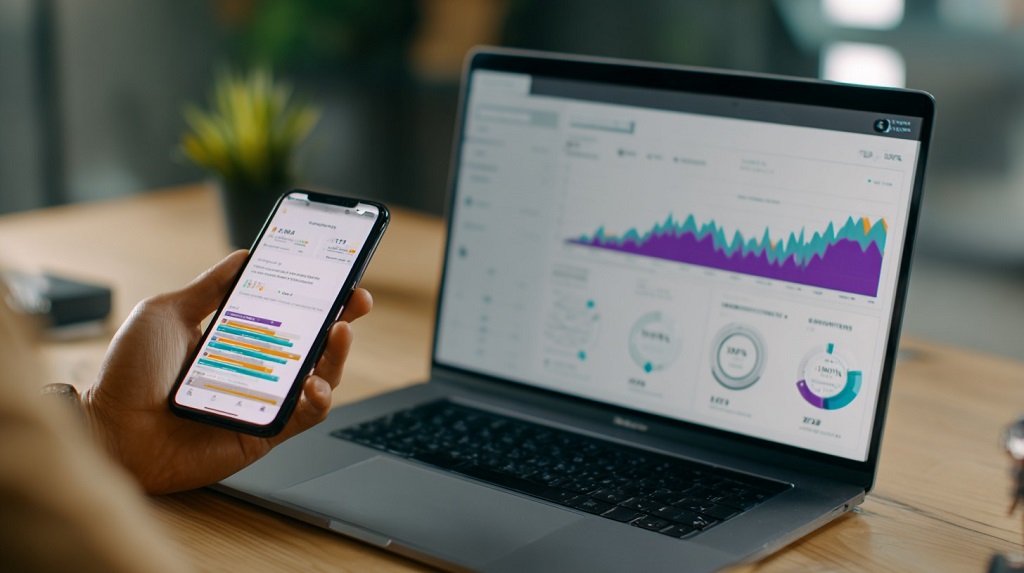 Hand holding a smartphone showing analytics next to a laptop displaying marketing performance charts