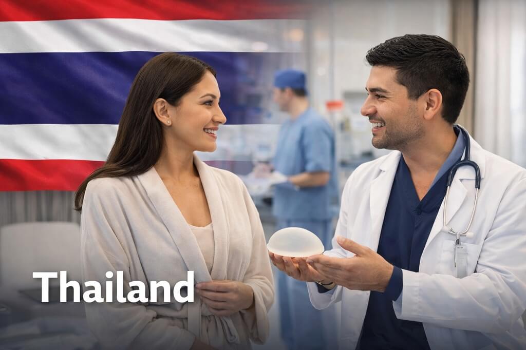 Doctor in Thailand consulting a female patient about cosmetic and medical procedures with Thai flag in the background