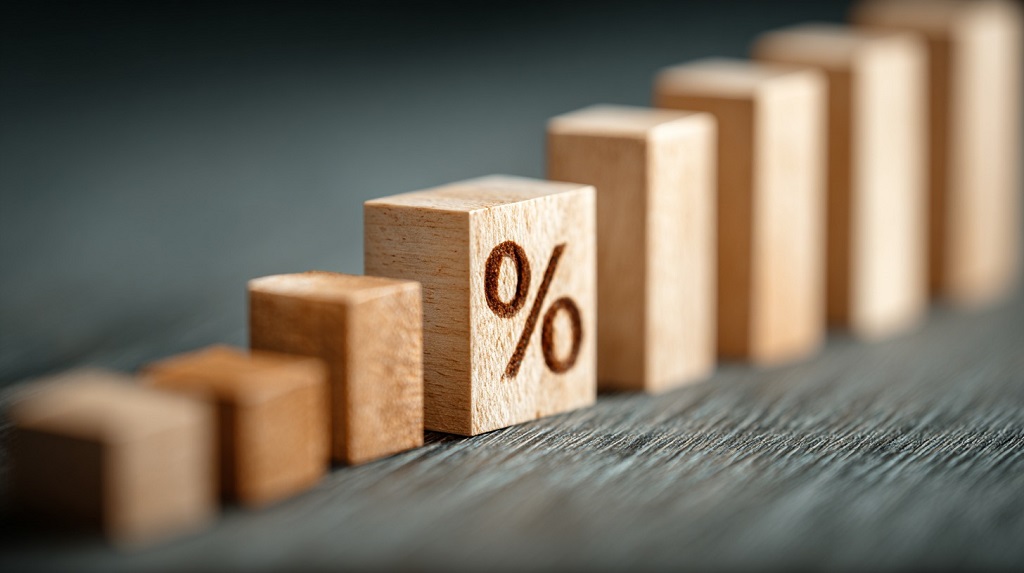 Wooden percentage blocks arranged in an ascending row, visually illustrating fault percentage
