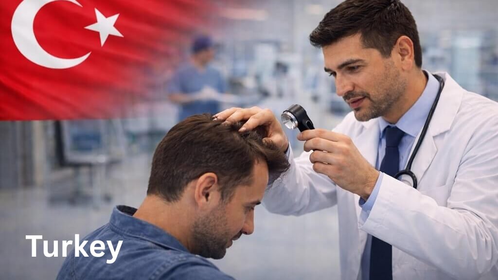 Doctor in Turkey examining a male patient’s scalp in a clinical setting with the Turkish flag in the background