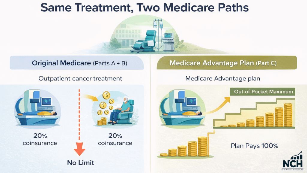 Side-by-side infographic comparing outpatient cancer treatment costs under Original Medicare and Medicare Advantage, showing unlimited coinsurance on one path and a capped annual out-of-pocket maximum on the other